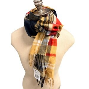 D&Y Scarf Softer Than Cashmere Brown Red Plaid Scarf Fringe Super Soft Acrylic